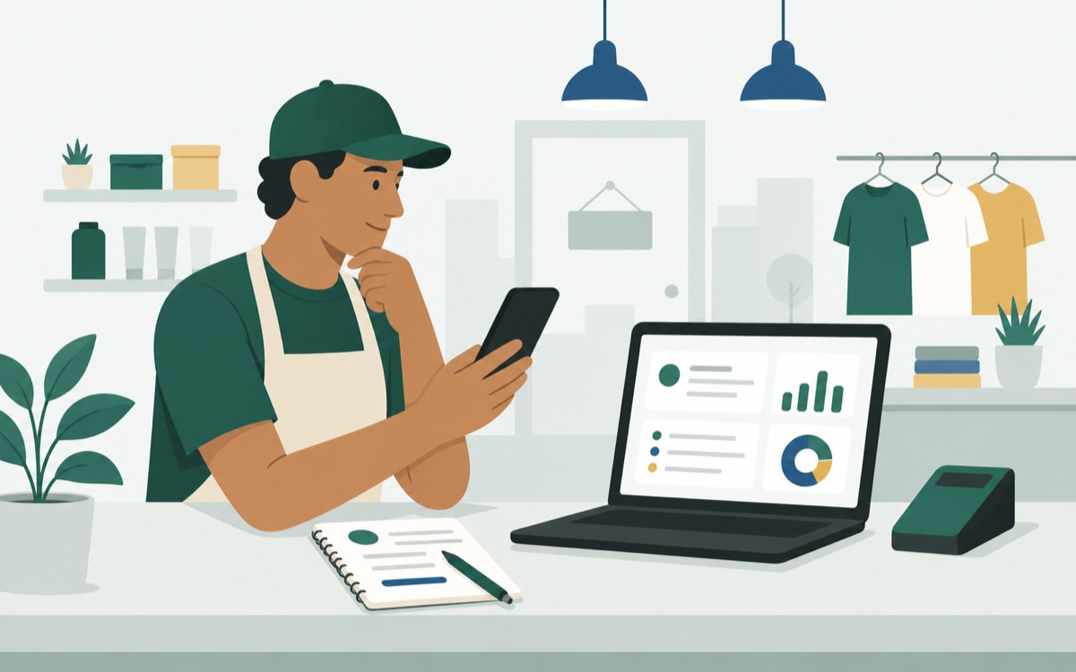 A business owner reviewing a call and website follow-up from a phone and laptop